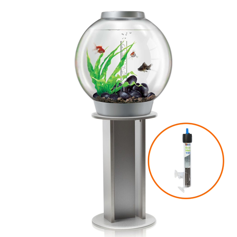 biOrb Classic 60L Aquarium in Silver with MCR LED Lighting, Silver Stand and Heater Pack