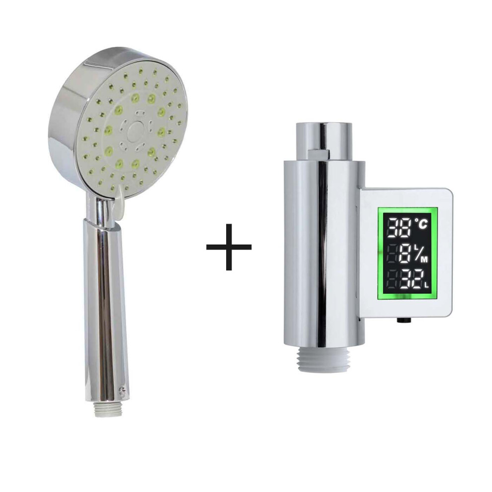 (Eco Water Saving Showerhead Green 5 Setting plus Shower Timer with Flow Meter Self Powered) Shower Head & Timer Flow Meter Self Powered Water & Energ