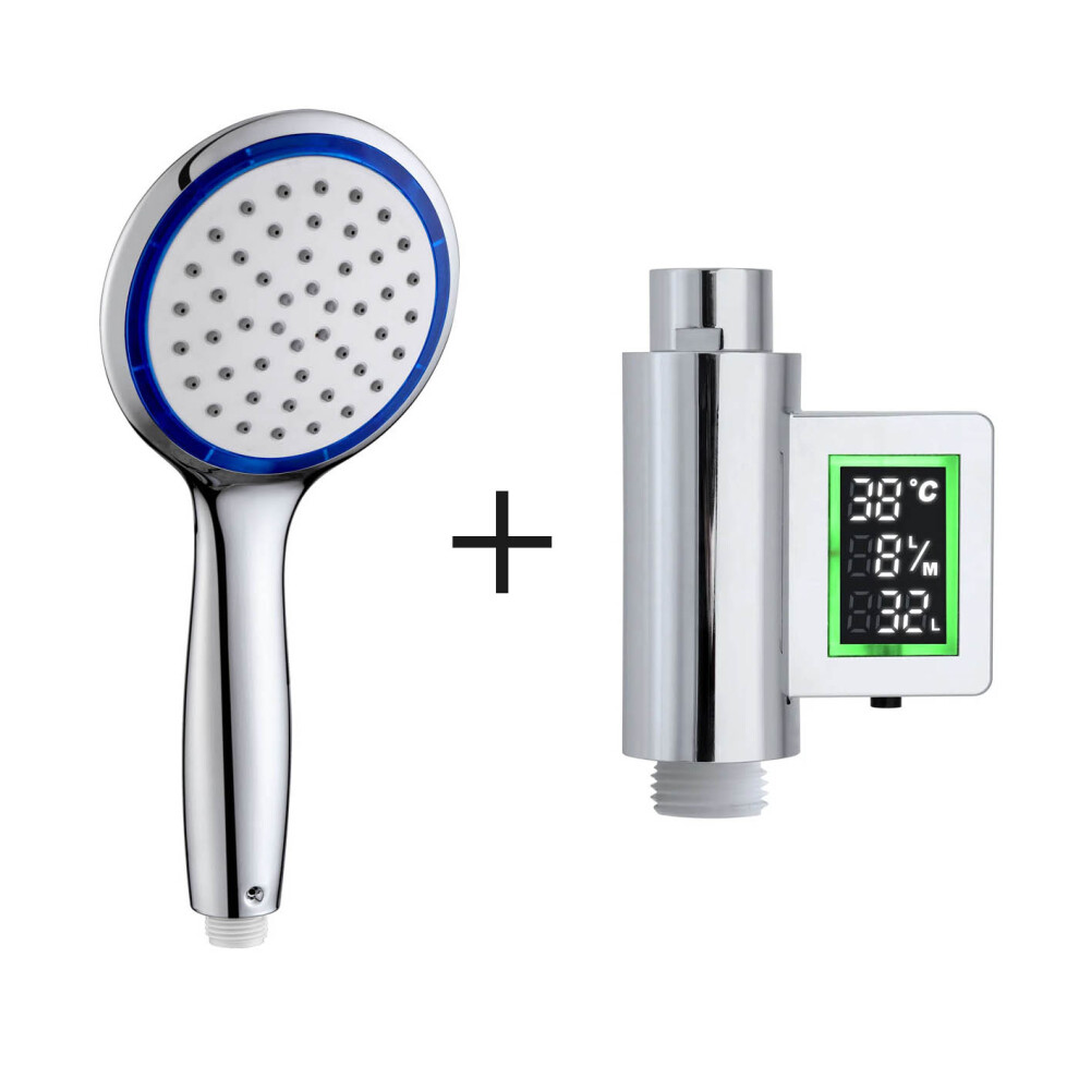 (Eco Water Saving Showerhead â Single Function Round Blue Shower Timer with Flow Meter Self Powered) Shower Head & Timer Flow Meter Self Powered Wat