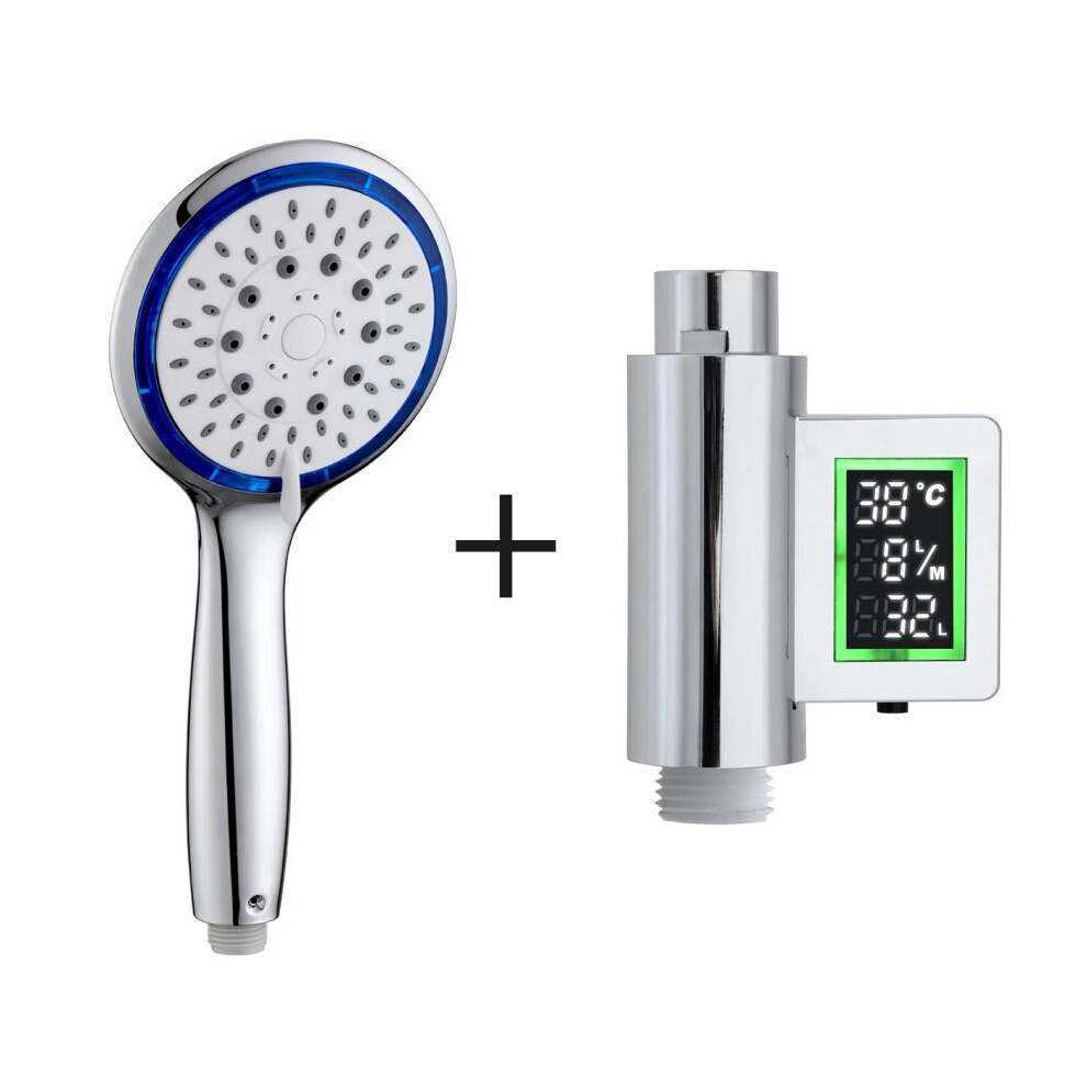 (Eco Water Saving Showerhead â Blue 5 Setting Shower Timer with Flow Meter Self Powered) Shower Head & Timer Flow Meter Self Powered Water & Energy -image-OPC-PDRRTNX-NEW