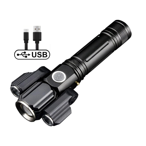 Camping Lights Rechargeable USB Aluminum Alloy Multi-function Three Lamp Holder Airplane-shaped Flashlight Outdoor Lighting(Black)