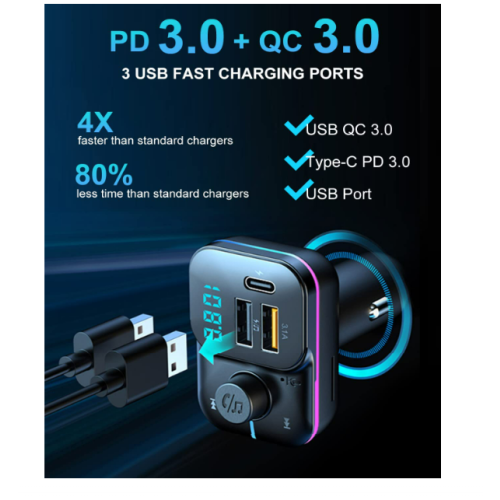 Chronus Bluetooth Car Adapter, FM Bluetooth Transmitter Car Radio, Car Bluetooth Transmitter PD + QC Quick Charge, Bluetooth 5.0(Black) 1