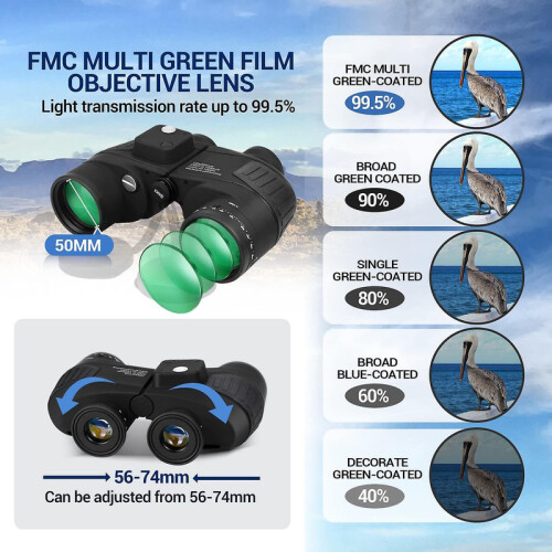 Chronus 10x50 Marine Binoculars Professional for Adults, Waterproof Bak4 FMC Long Distance for Bird Watching Travel with Compass,(black) 1