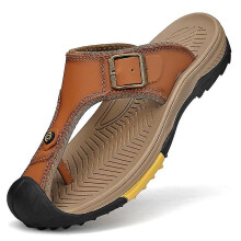 (Brown, 39) Men's Flip Flops Toe Separator Surfing Sports Sandals Beach Pool Shoes Genuine Leather 2063