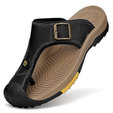 (Black, 41) Men's Flip Flops Toe Separator Surfing Sports Sandals Beach Pool Shoes Genuine Leather 2063