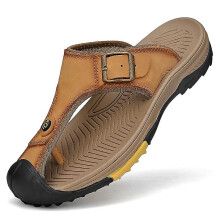 (Khaki, 39) Men's Flip Flops Toe Separator Surfing Sports Sandals Beach Pool Shoes Genuine Leather 2063