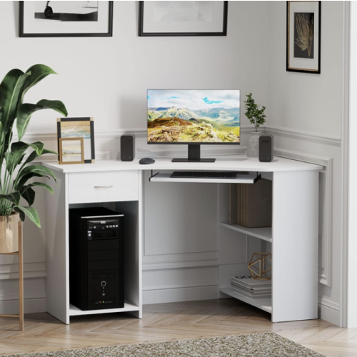 Corner Computer Desk Modern Kids Workstation White Storage Shelf Drawer Study PC Table
