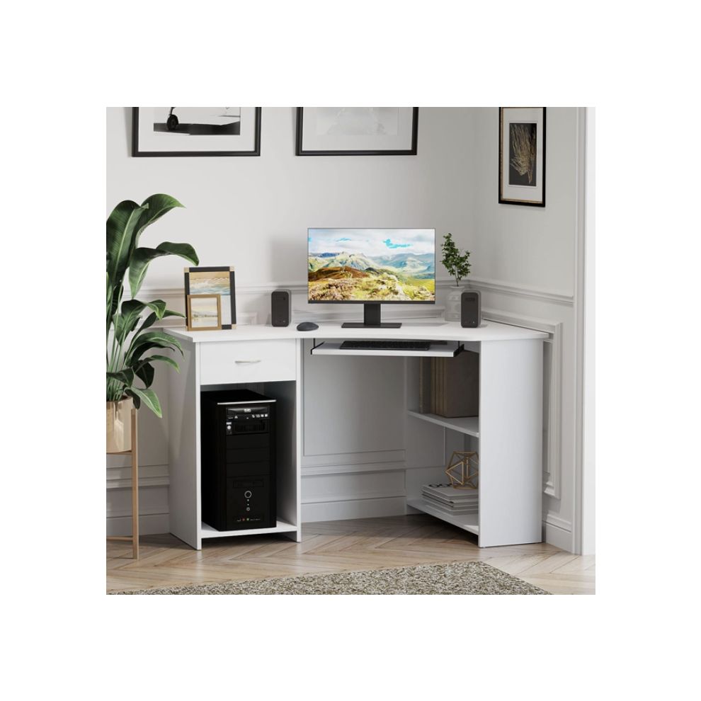 Corner Computer Desk Modern Kids Workstation White Storage Shelf Drawer Study PC Table-image-OPC-PDRTFVZ-NEW