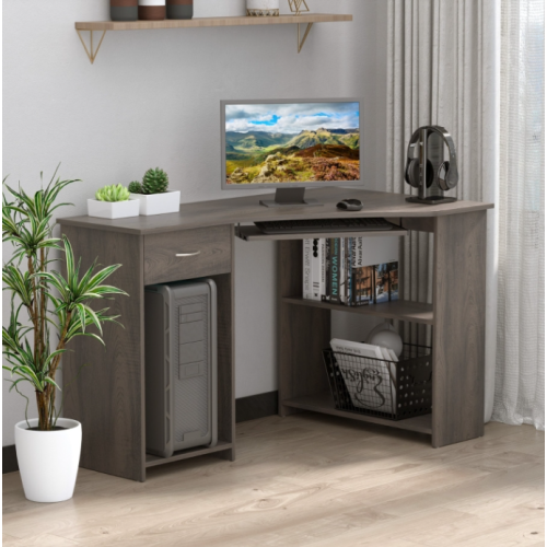 Corner Computer Desk Modern Kids Workstation Grey Storage Shelf Drawer Study PC Table