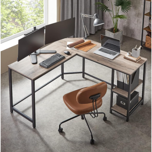 Industrial Computer Desk Vintage Corner Workstation Rustic Grey L-Shaped Table 2