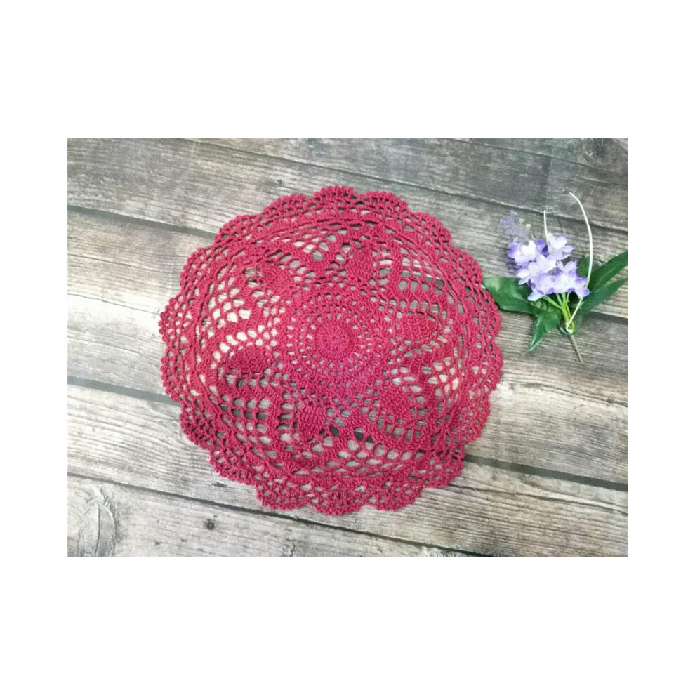 (Burgundy, Round 30cm) 30cm Round Luxury Cotton Crochet Flowers Lace Coaster For Glass Wine Cup Coffee Mug Mat Placemat Pad Wedding Doily Table Kitche