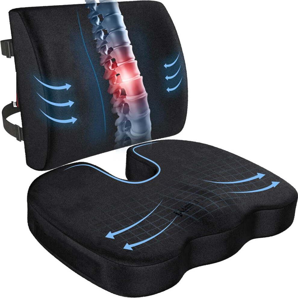 Coccyx Orthopedic Memory Foam Seat Cushion Lumbar Back Pillow Pain Relief Black