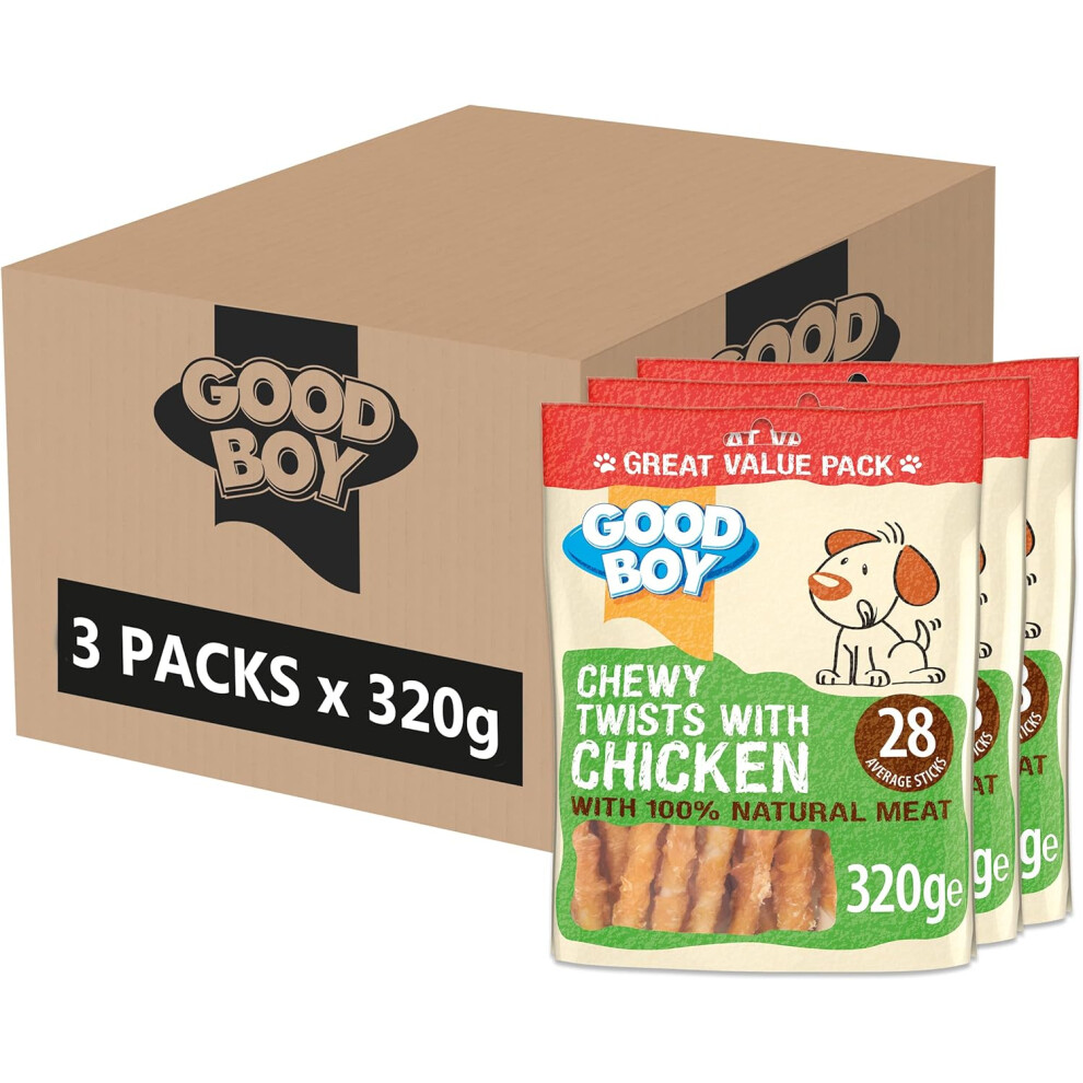 Good Boy - Chewy Twists With Chicken - Dog Treats - Made With 100% Natural Chicken Breast Meat - 320 Grams - Gluten Free Dog Treats (Case of 3)