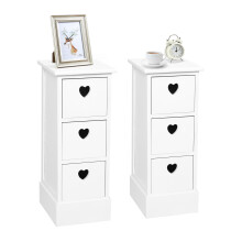3 Drawer Bedside Table Set of 2, White Storage Cabinet with 3 Heart-shaped Drawers Side Table for Bedroom Living Room