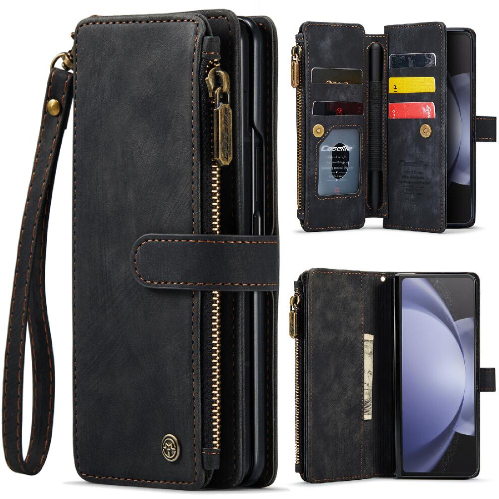 (Black) CaseMe Case For Samsung Galaxy Z Fold 5 5G Wallet Case For Women Men With Card Holder Drivers License Card Slots Drivers License Card Slots