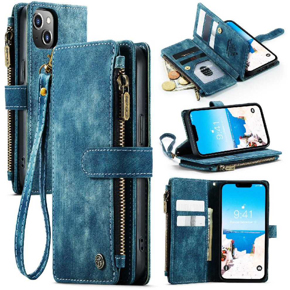 (Blue) Caseme Case For Iphone 14 With Card Holder Drivers License Card Slots Wallet Case For Women Men Drivers License Card Slots Blue 764762639891