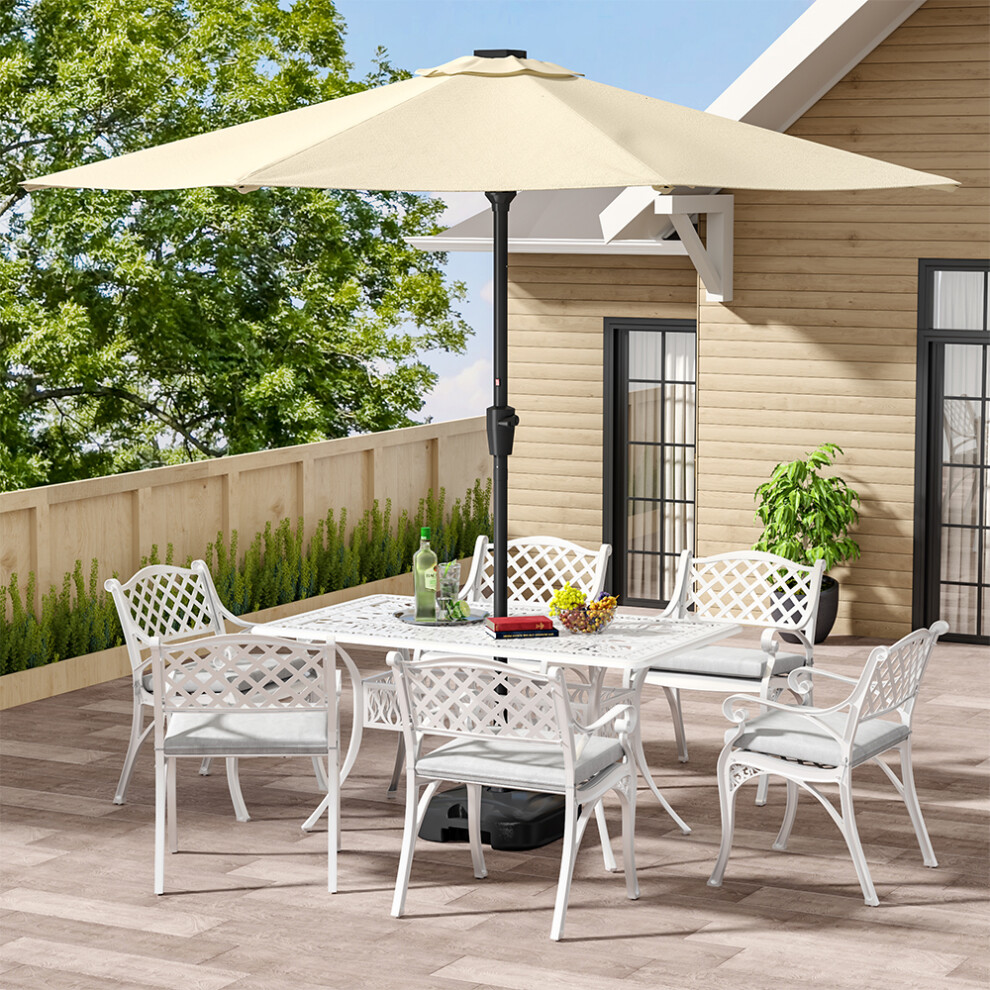 6 Seater Retro Cast Aluminum Garden Bistro Umbrella Table and Chairs Set with Cushions 150 cm