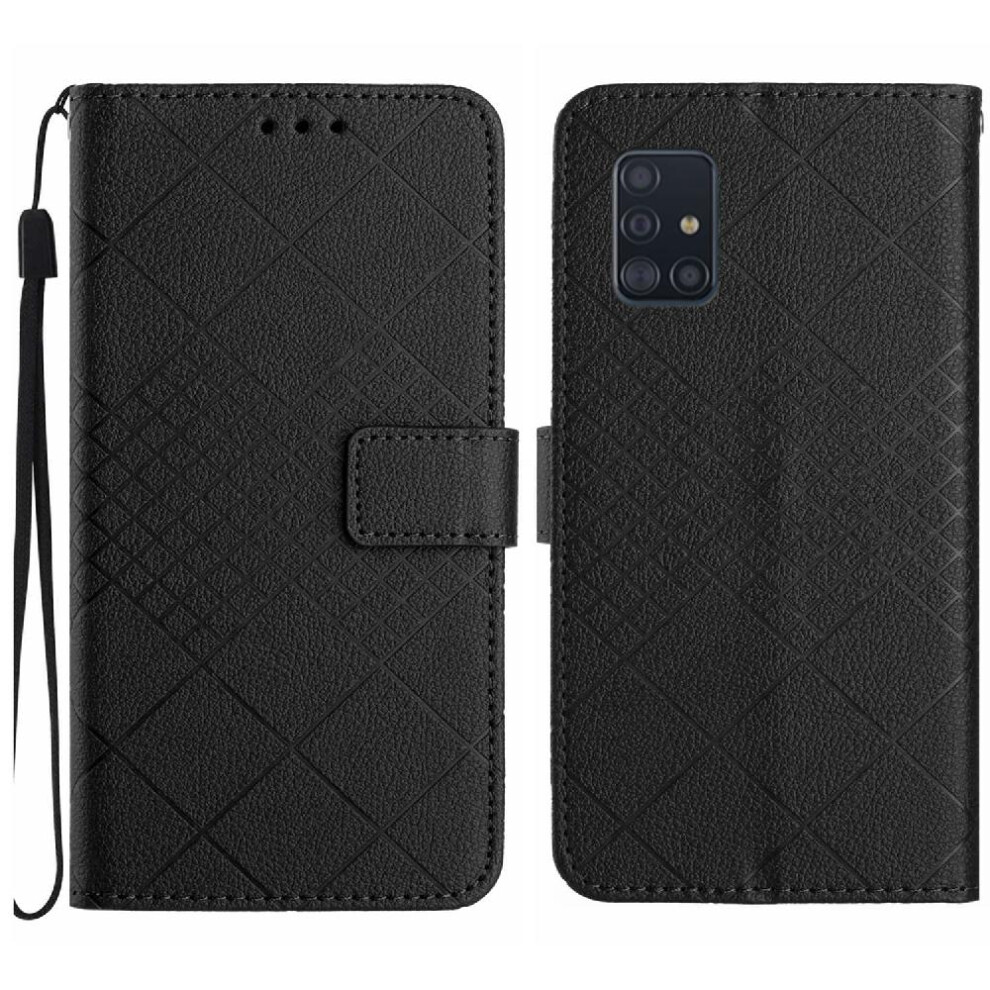 (Black) Flip Case For Samsung Galaxy A51 5G Wallet Pu Leather With Hand Strap Diamond Embossed Card Slot Stand Magnetic Cover Black 764762642075