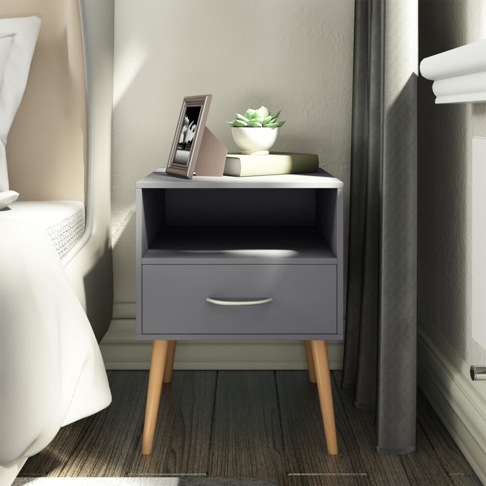 Wood Bedside Table Cabinet Storage Nightstands 1 Drawer with Metal Handle, 42 x 40 x 56 cm, Grey