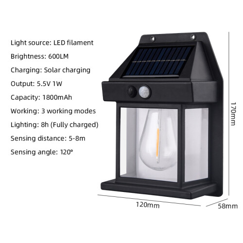 (Black, 3PCS) Solar Wall Light Tungsten Waterproof Wireless Motion Sensor Security Lamps