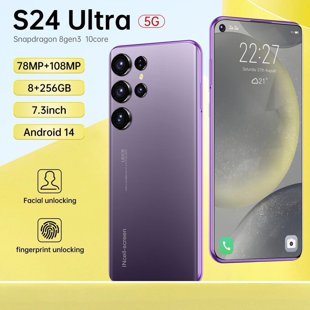 (8+256GB, Purple) The latest 7.3-inch large-screen smartphone S24 Ultra in 2024