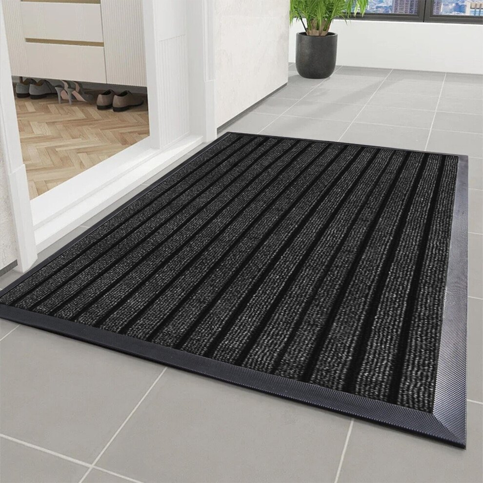 (Black, 80 x 150 Cm) Non Slip Rubber Barrier Door Mat Heavy Duty Washable Dirt Trapper Mat