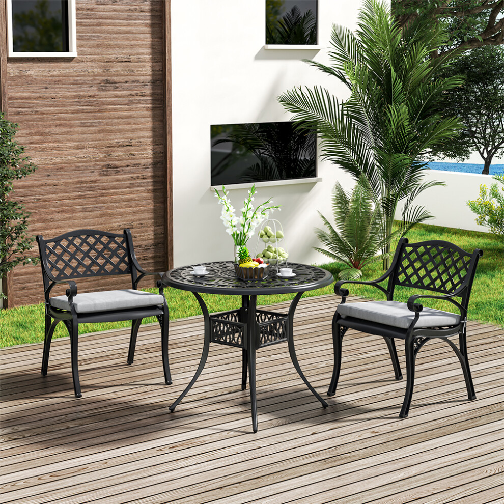 Set of 3 Black Retro Cast Aluminum Garden Bistro Furniture Set Round Table and Chair Set with Cushions