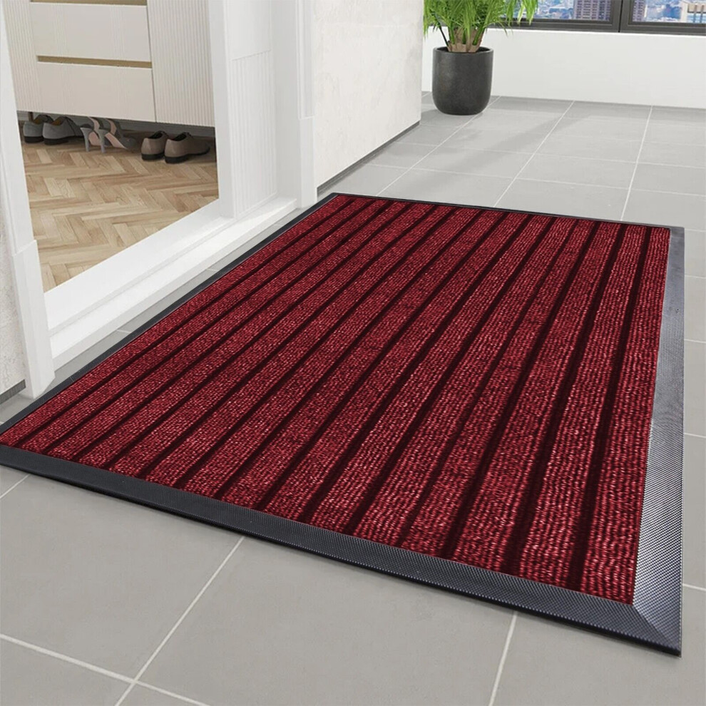 (Red, 40 x 60 Cm) Non Slip Rubber Barrier Door Mat Heavy Duty Washable Dirt Trapper Mat