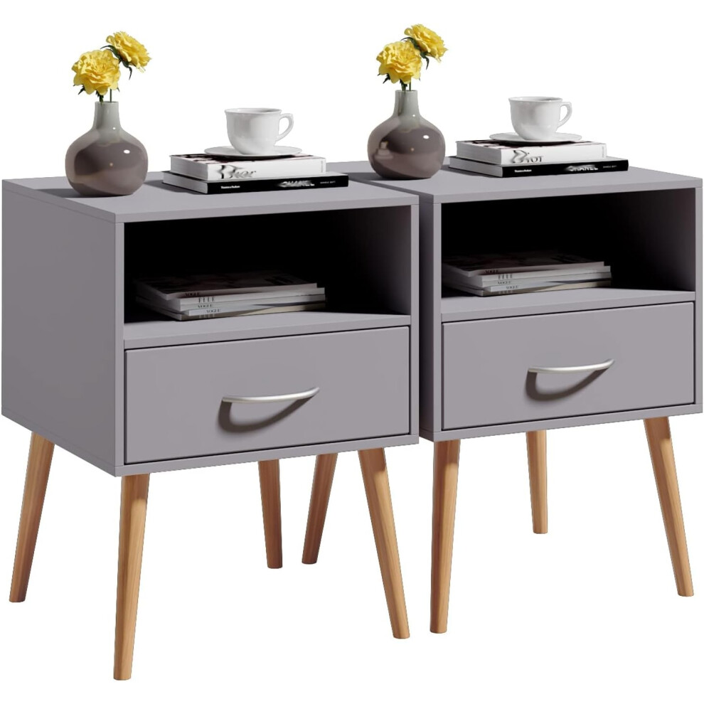 (Grey) Wood Bedside Table Set of 2 Cabinet Storage Nightstands 1 Drawer with Metal Handle, 42 x 42 x 56 cm