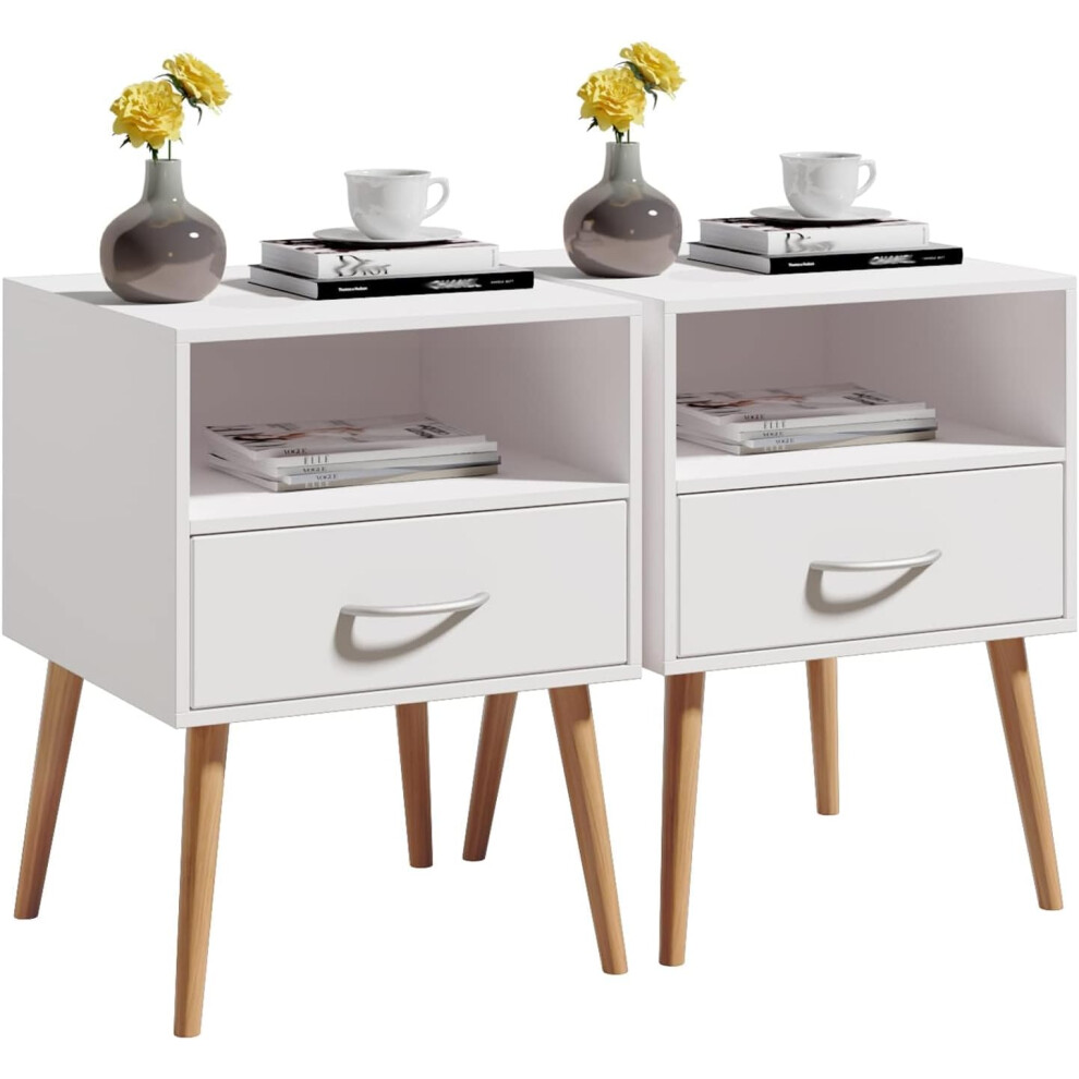 (White) Wood Bedside Table Set of 2 Cabinet Storage Nightstands 1 Drawer with Metal Handle, 42 x 42 x 56 cm