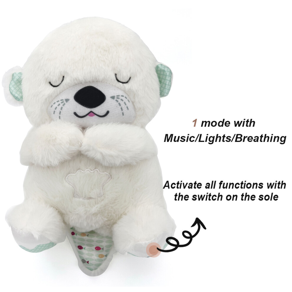 (30CM, White Otter) Breathing Bear Baby Soothing Otter Plush Doll Toy Baby Kids Soothing Music