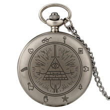 (retro silver) Gravity Fall Bill Cipher Time Gem Necklace Quartz Pocket Watch Weird Town