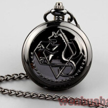 (black) Vintage Full Metal Alchemist Cosplay Pocket Watch Necklace Chain Pendant