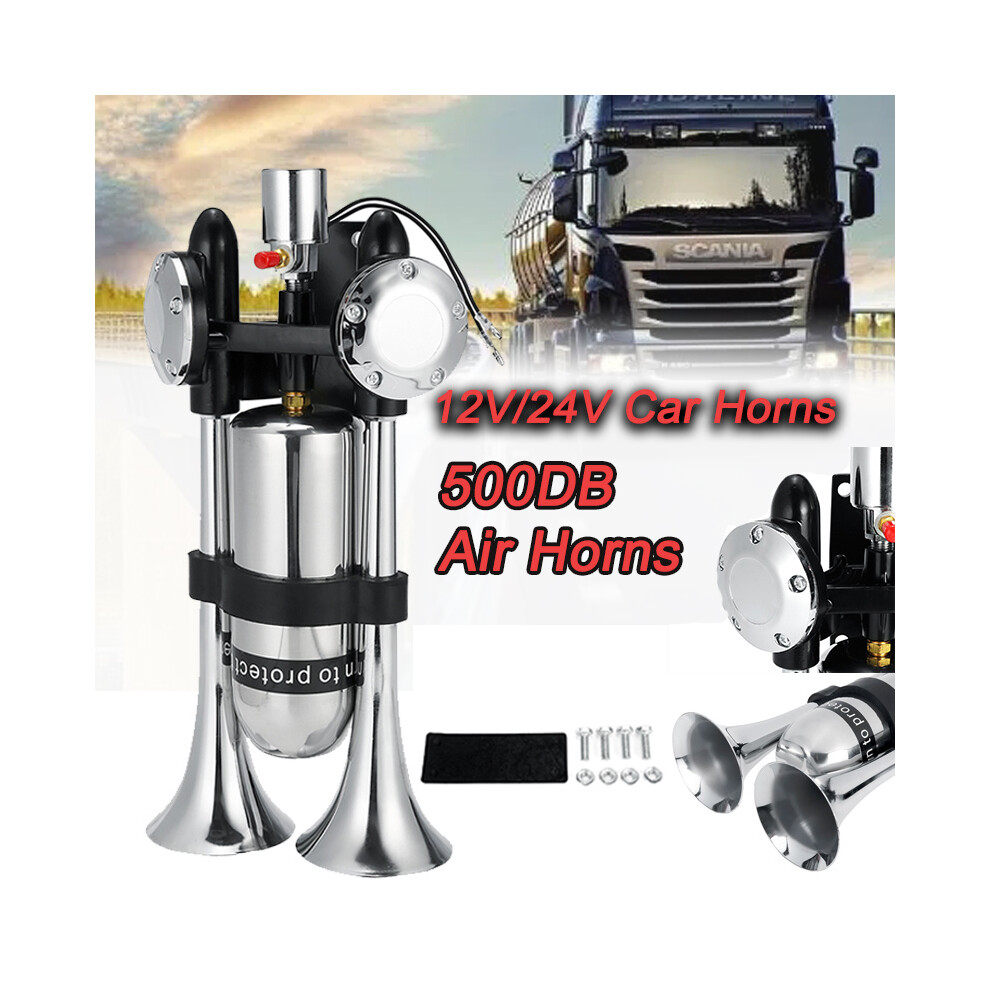 500Db Dual Trumpet Electric Horn Loud Chrome Air Horn Speaker Kit 12V/24V 9132346941615