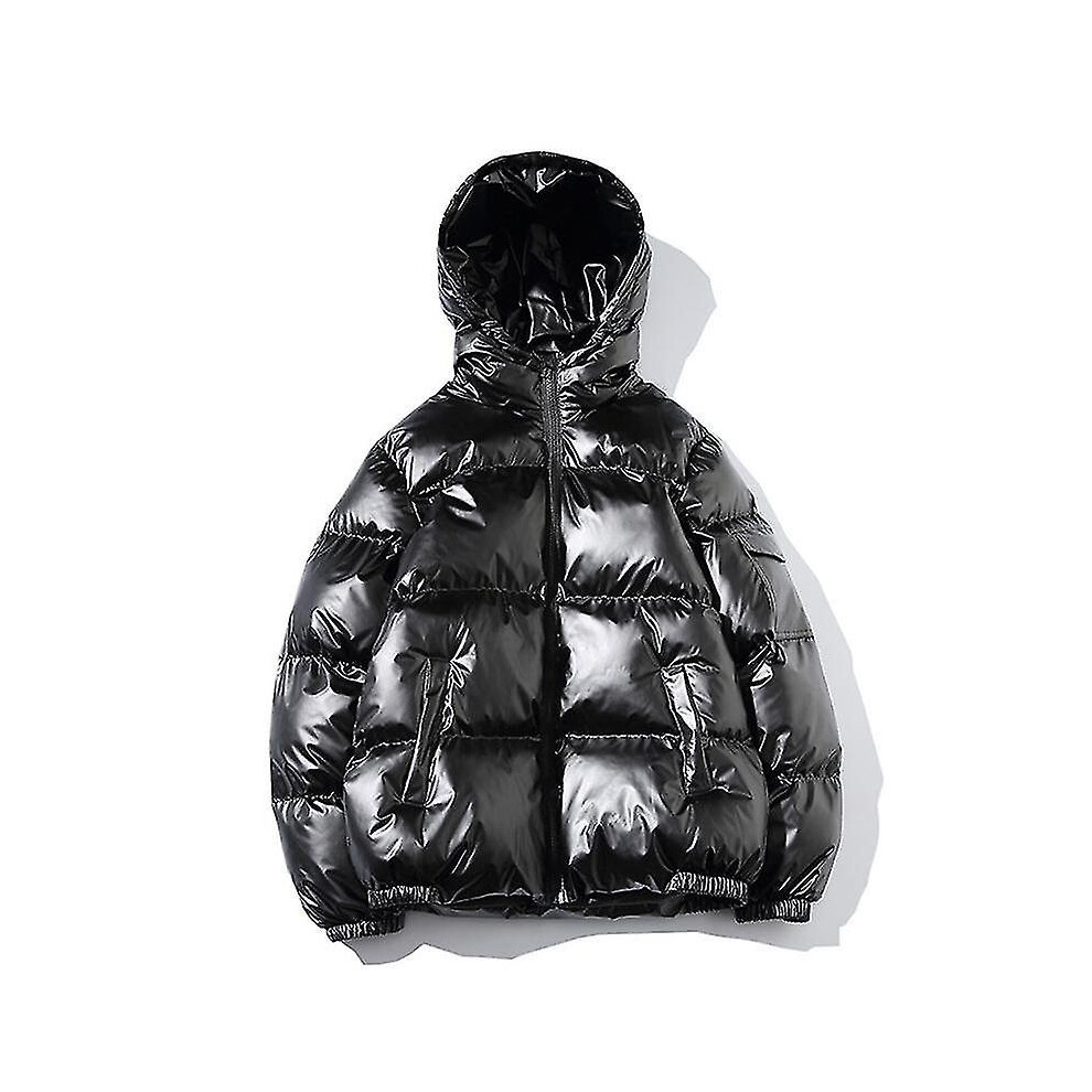 (XL, Black) Men's Glossy Puffer Jacket Metallic Shiny Down Coat
