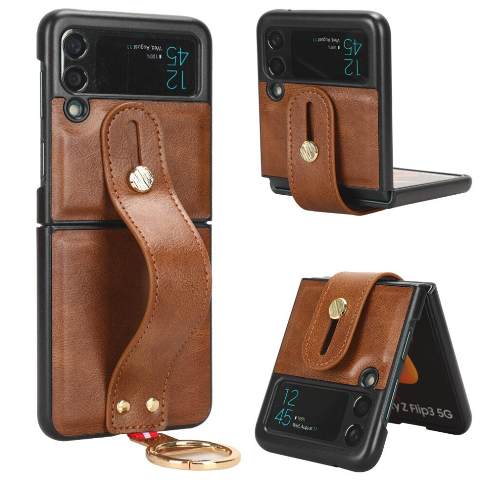 (Brown) Case For Samsung Galaxy Z Flip 3 Premium Pu Leather Wrist Strap Compatibility Convenience Brown 764762647735