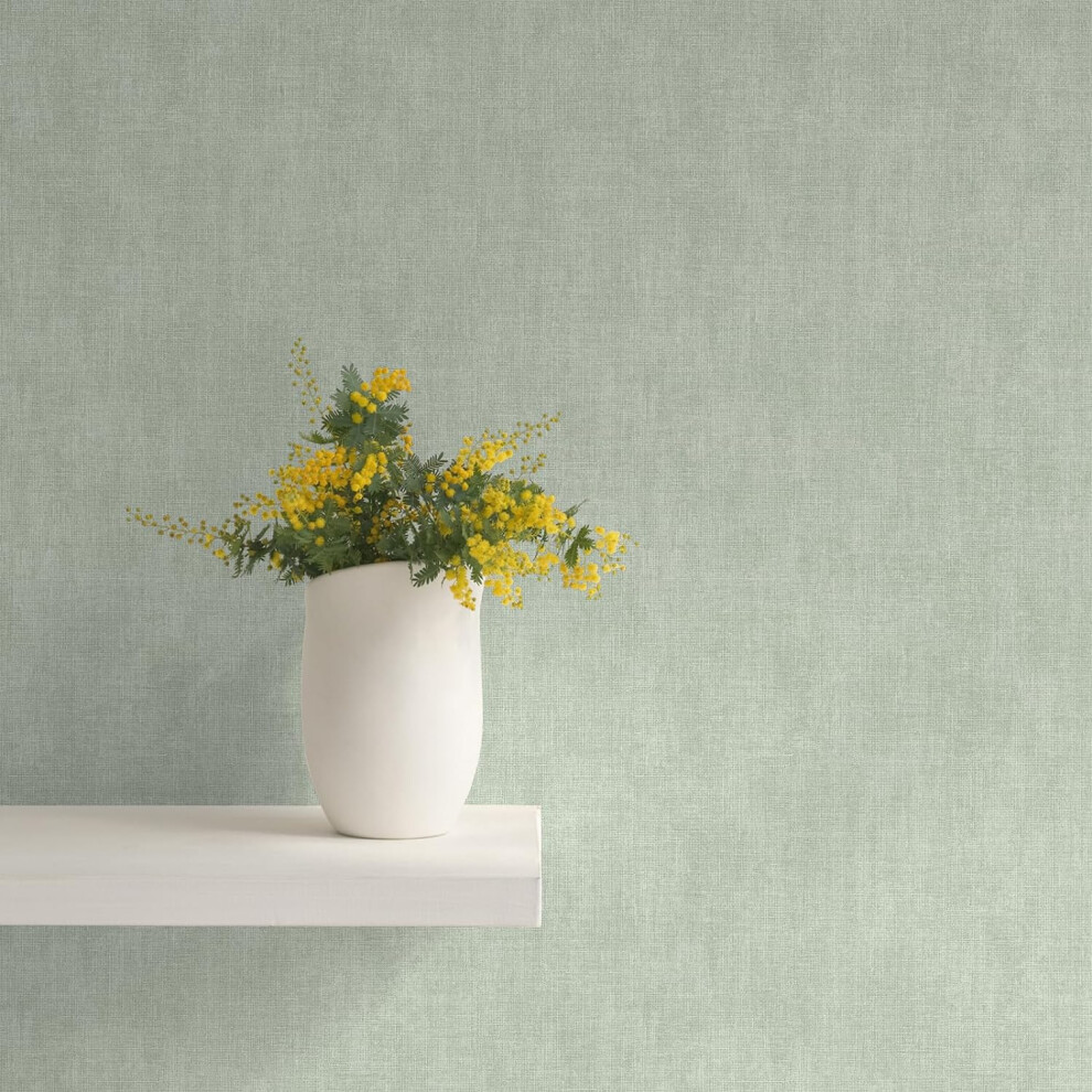 Muriva Darcy James Sage Light Green Plain Linen Wallpaper