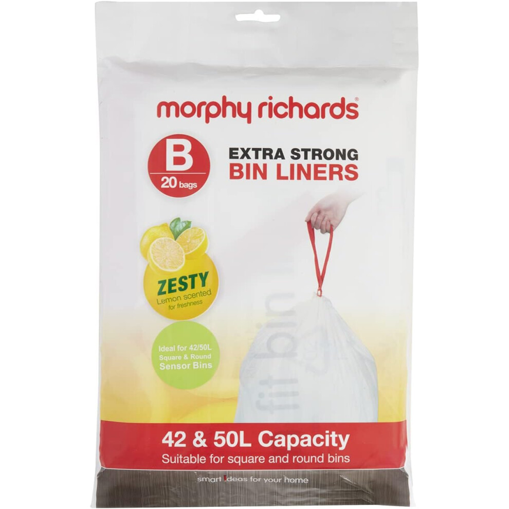 Morphy Richards 979003 42-50L Lemon Scented Heavy Duty Drawstring Bin Liners, 20 Pack, White