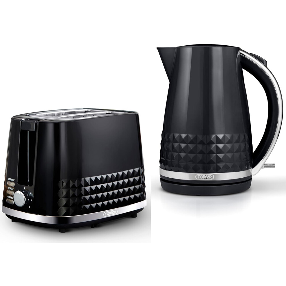 2 Slice Toaster Kettle 1.5L 3KW Jug Black with Chrome Accents Tower Solitaire