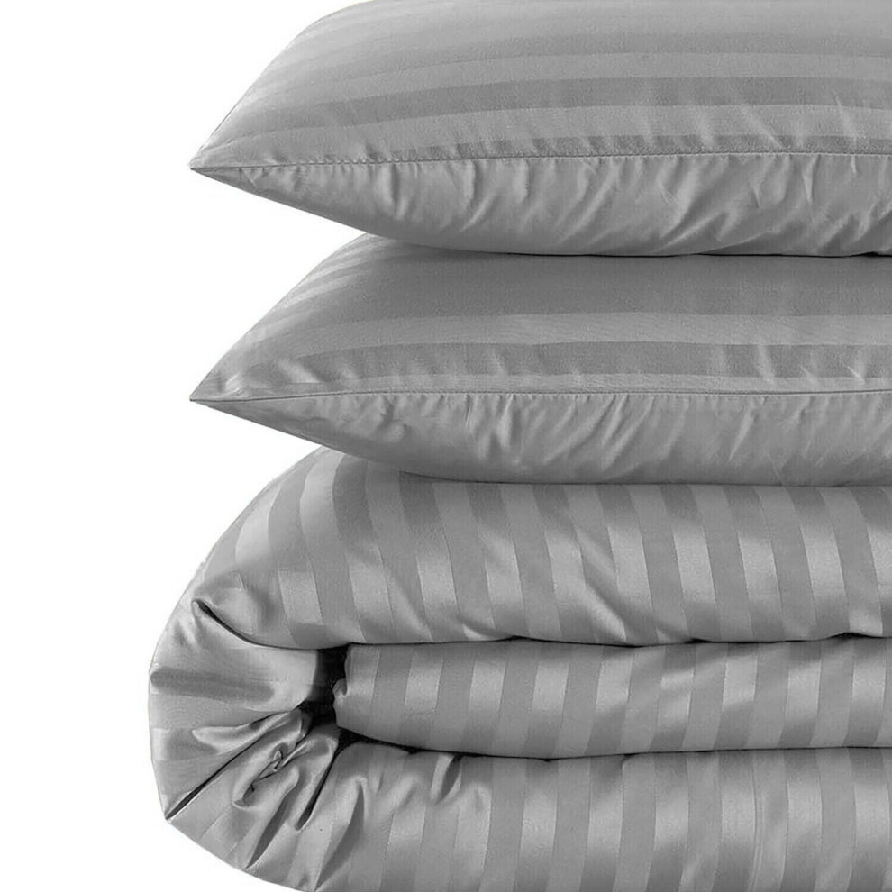 (Double, GREY) Satin Stripe Duvet Quilt Cover Bedding Set In All Sizes
