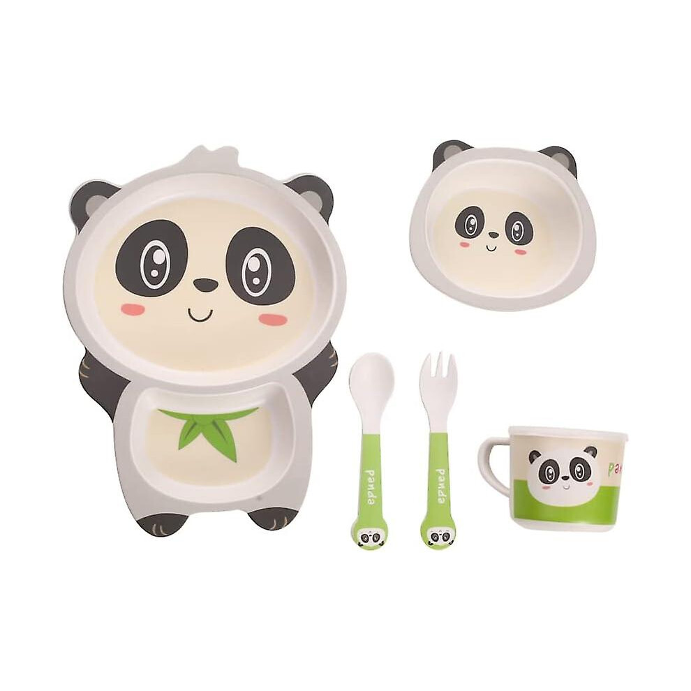 (panda) Children's Cutlery Set Bamboo 5-piece Set With Plate Bowl Cup Fork Spoon (frog)