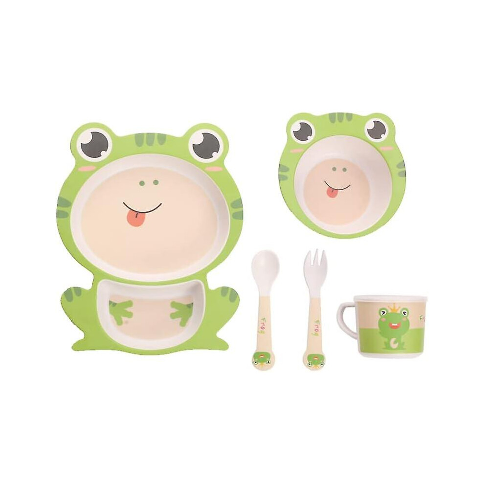 (frog) Children's Cutlery Set Bamboo 5-piece Set With Plate Bowl Cup Fork Spoon (frog)