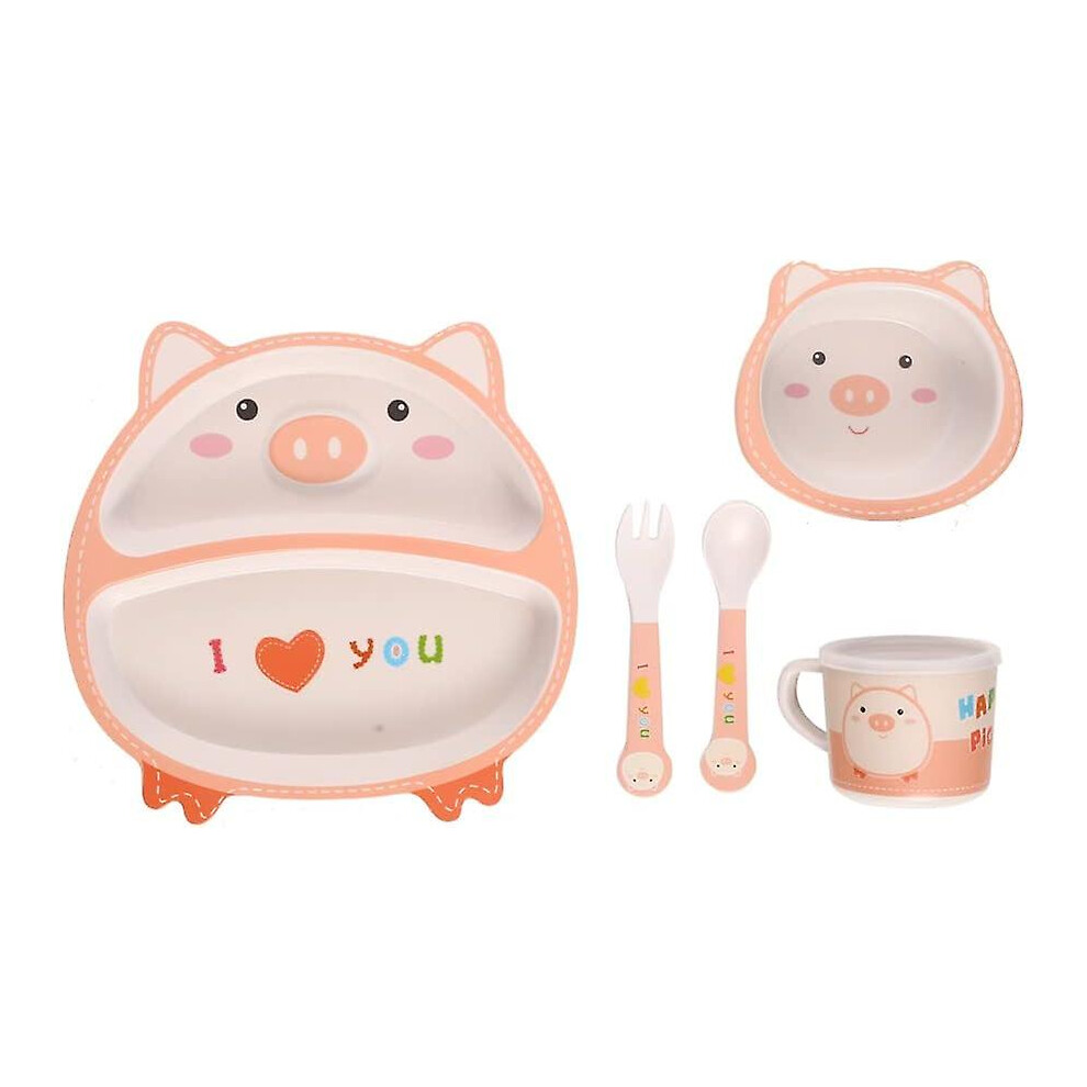 (pig) Children's Cutlery Set Bamboo 5-piece Set With Plate Bowl Cup Fork Spoon (frog)