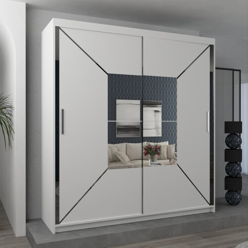 MN Furniture (White, Width 203cm) Modern Mirror Sliding Wardrobe with LED Light 1
