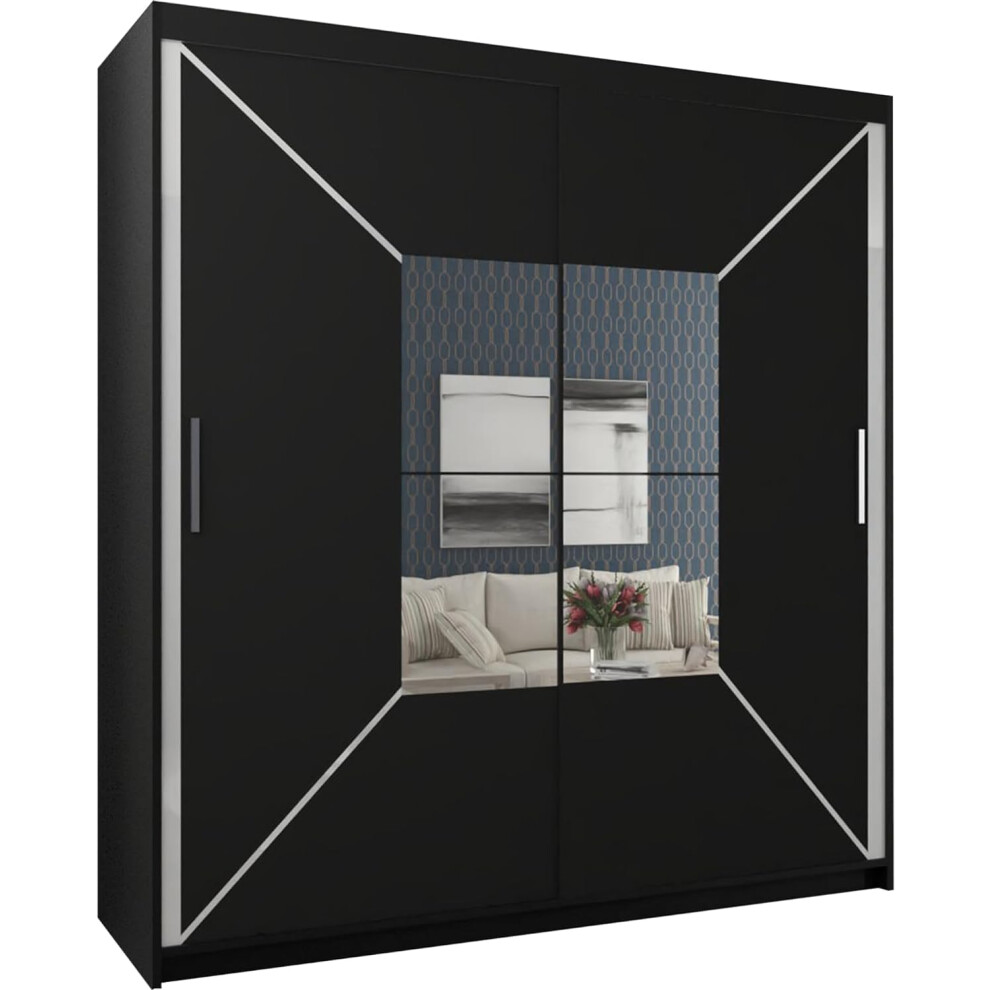 (Black, Width 180cm) Modern Mirror Sliding Wardrobe with LED Light-image-OPC-P5RY27R-NEW