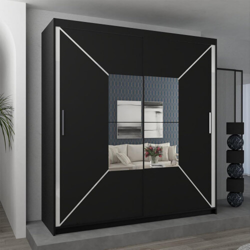 MN Furniture (203cm, Black) Eclipse Double Mirror Sliding Door Wardrobe