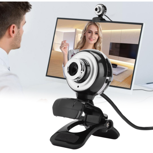 Câmera de computador ajustável 480P com microfone embutido, para curso online, webcam (preta) 1