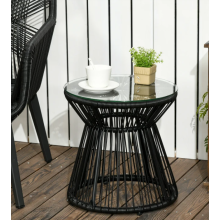 Garden Side Table Small Glass Coffee Black Metal Round Patio Wicker Furniture