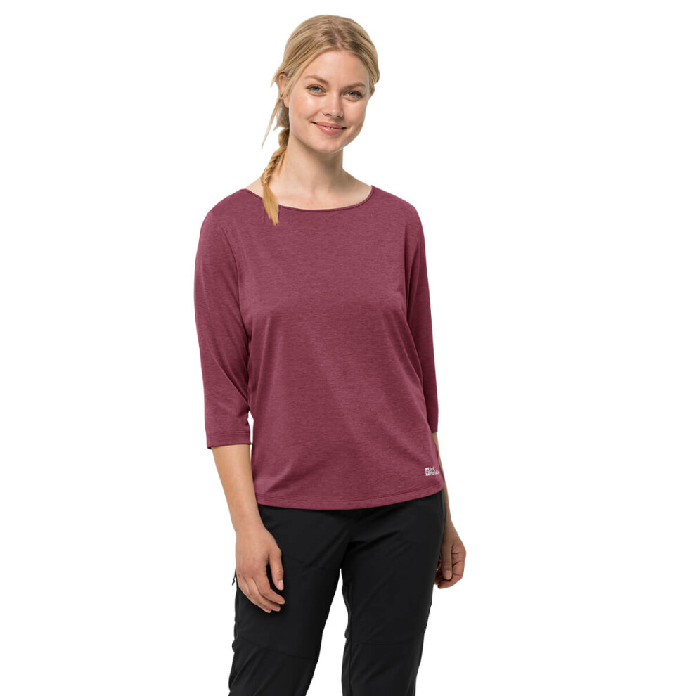 (S, Sangria Red) Jack Wolfskin Womens Pack & Go Squick Drying Wicking 3/4 Sleeve T-Shirt