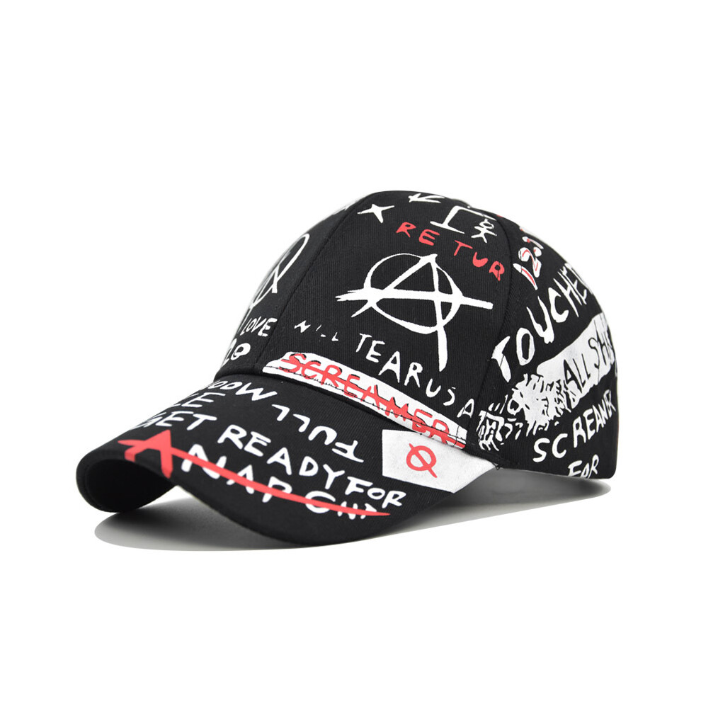 (Black Red) Duck Tongue Hat Trendy Graffiti Printed Baseball Hat Fashion Outdoor Sunshade